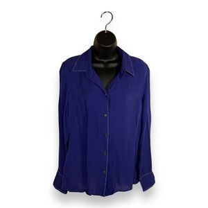 SIZE 12 ALFANI BLUE SILK BLOUSE BUTTON FRONT LONG SLEEVE